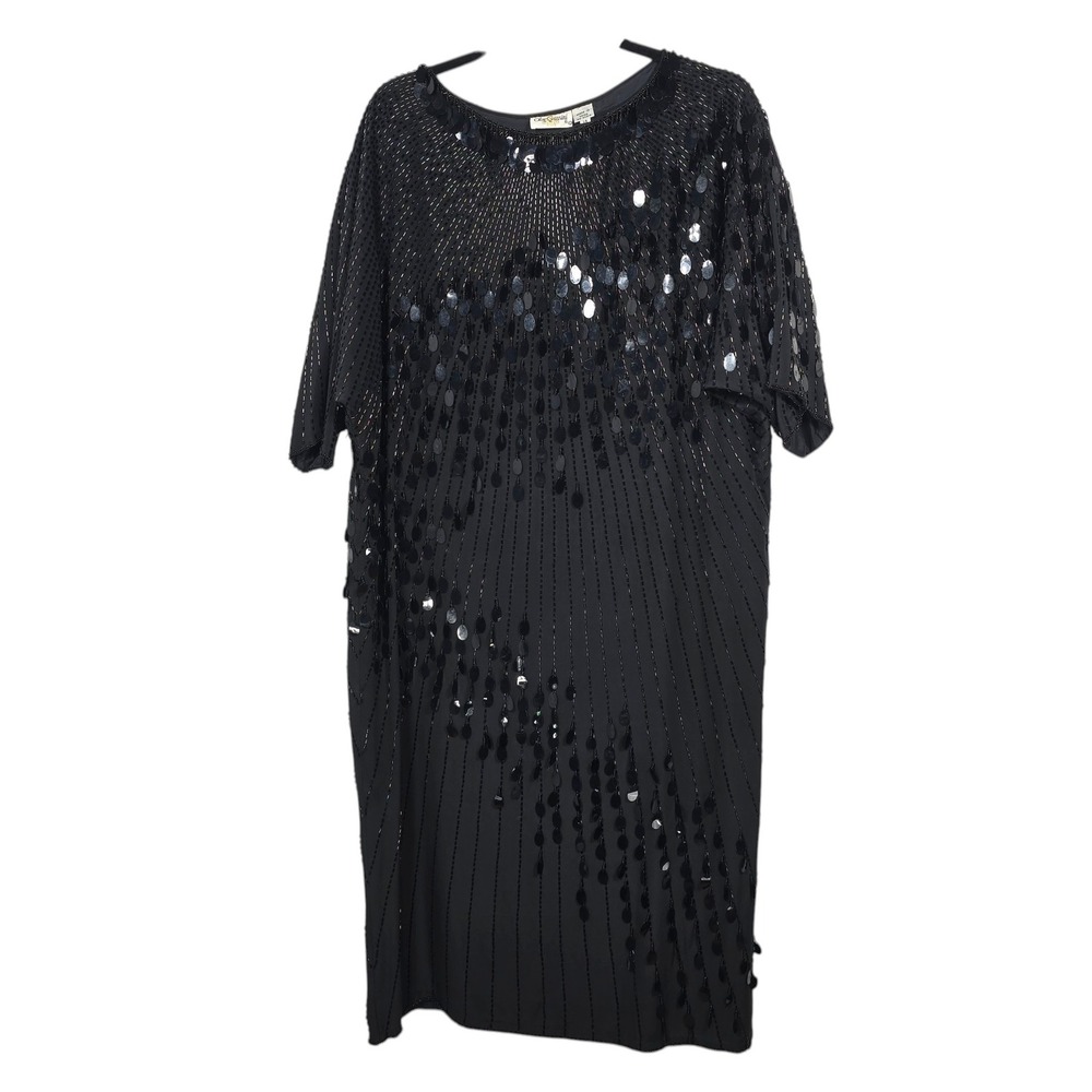 Oleg Cassini Vintage Black Tie Shift Dress Womens 14 Silk Beaded Sequin Formal - Picture 10 of 12